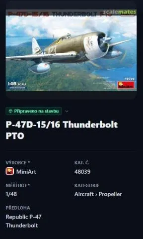 Panel modelu s krabicí, výrobcem a měřítkem